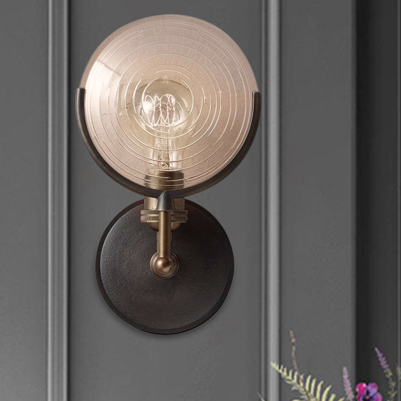 Armed Sconce Light Traditionary Metal 11.5"/24" Wide 1 Head Black Wall Lamp Fixture with Round Frosted Glass Deco Clearhalo 'Wall Lamps & Sconces' 'Wall Lights' Lighting' 316295