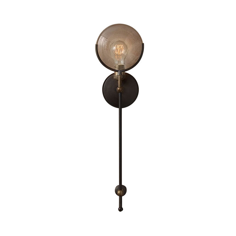 Armed Sconce Light Traditionary Metal 11.5"/24" Wide 1 Head Black Wall Lamp Fixture with Round Frosted Glass Deco Clearhalo 'Wall Lamps & Sconces' 'Wall Lights' Lighting' 316301