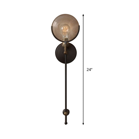 Armed Sconce Light Traditionary Metal 11.5"/24" Wide 1 Head Black Wall Lamp Fixture with Round Frosted Glass Deco Clearhalo 'Wall Lamps & Sconces' 'Wall Lights' Lighting' 316302