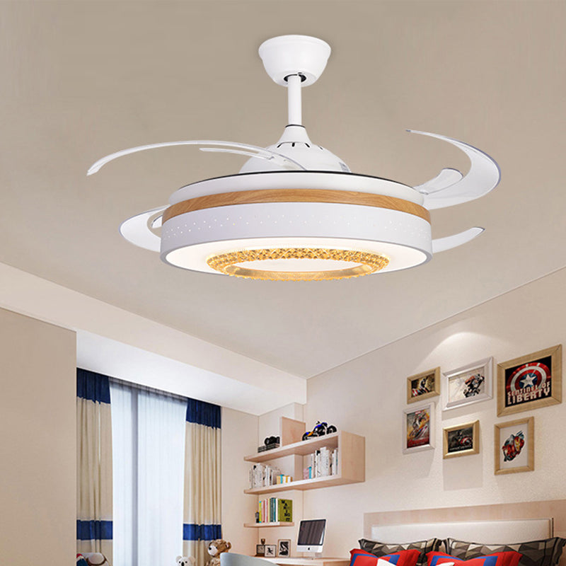 Nordic Drum Flush Lamp with Fan Amber Crystal White LED Living Room Semi Mount Lighting with Wood Element White Clearhalo 'Ceiling Fans with Lights' 'Ceiling Fans' 'Modern Ceiling Fans' 'Modern' Lighting' 316328