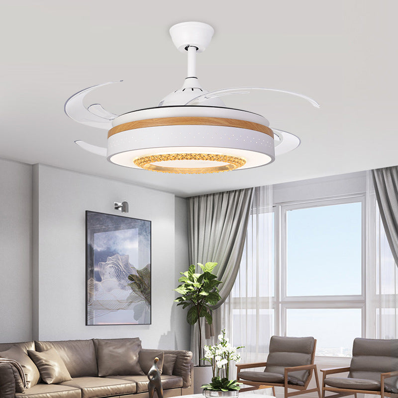 Nordic Drum Flush Lamp with Fan Amber Crystal White LED Living Room Semi Mount Lighting with Wood Element Clearhalo 'Ceiling Fans with Lights' 'Ceiling Fans' 'Modern Ceiling Fans' 'Modern' Lighting' 316330