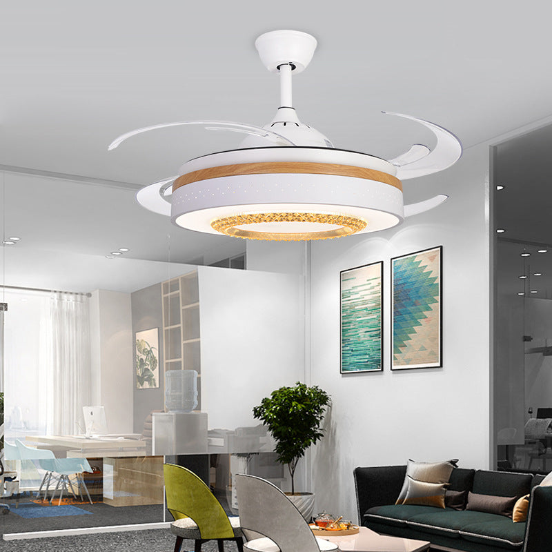 Nordic Drum Flush Lamp with Fan Amber Crystal White LED Living Room Semi Mount Lighting with Wood Element Clearhalo 'Ceiling Fans with Lights' 'Ceiling Fans' 'Modern Ceiling Fans' 'Modern' Lighting' 316331