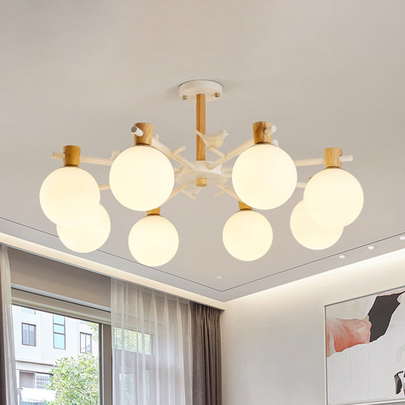 White Glass Sphere Hanging Chandelier Asian 6/8 Bulbs Pendant Lighting Fixture with Bird 8 White Clearhalo 'Ceiling Lights' 'Chandeliers' 'Close To Ceiling Lights' 'Glass shade' 'Glass' Lighting' 316426