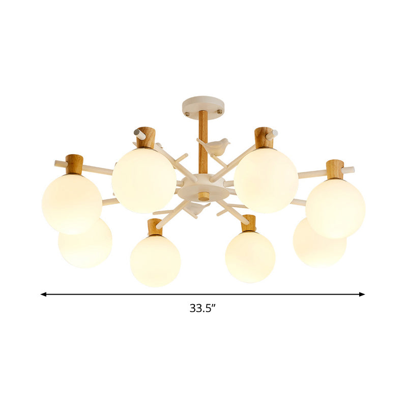 White Glass Sphere Hanging Chandelier Asian 6/8 Bulbs Pendant Lighting Fixture with Bird Clearhalo 'Ceiling Lights' 'Chandeliers' 'Close To Ceiling Lights' 'Glass shade' 'Glass' Lighting' 316430