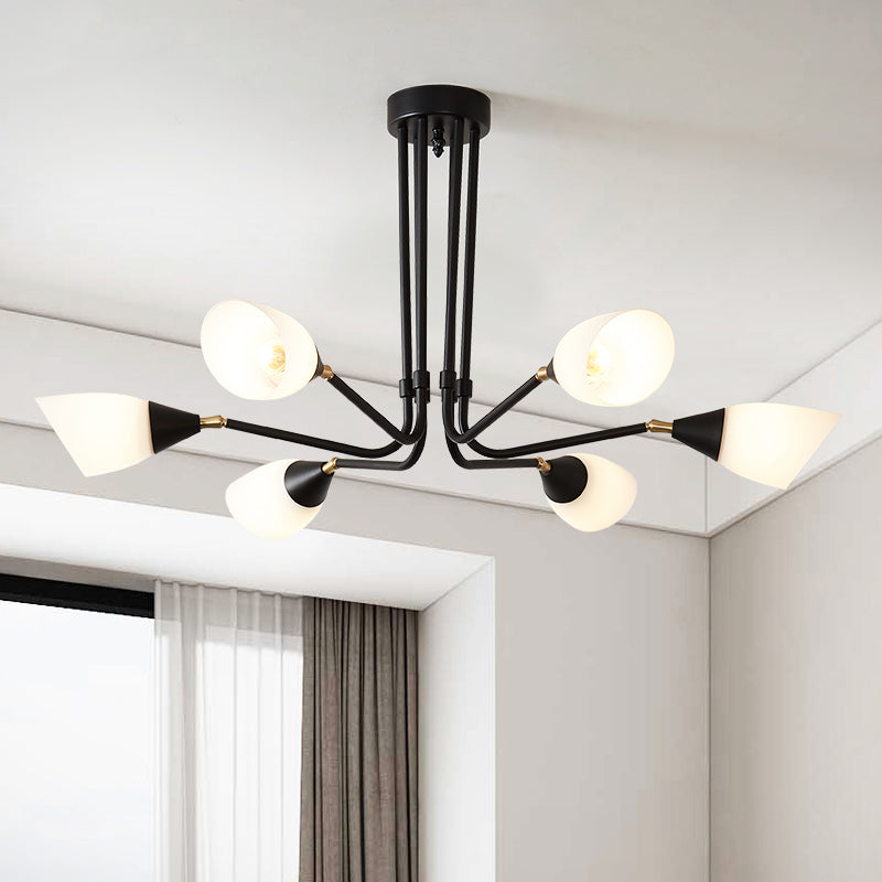 Modernism 4/6/8 Bulbs Ceiling Chandelier Black Flared Hanging Pendant Light with Milky Glass Shade 6 Black Clearhalo 'Ceiling Lights' 'Chandeliers' 'Glass shade' 'Glass' 'Modern Chandeliers' 'Modern' Lighting' 316436