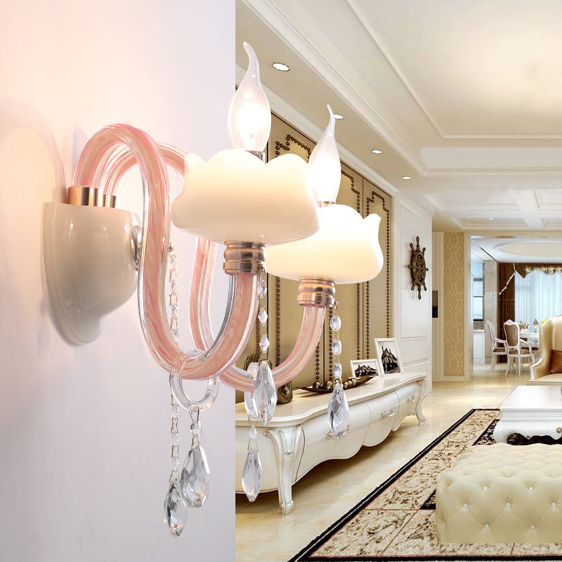 2 Bulbs Crystal Prism Sconce Light Traditional Pink Candelabra Living Room Wall Mounted Lighting Clearhalo 'Wall Lamps & Sconces' 'Wall Lights' Lighting' 316813