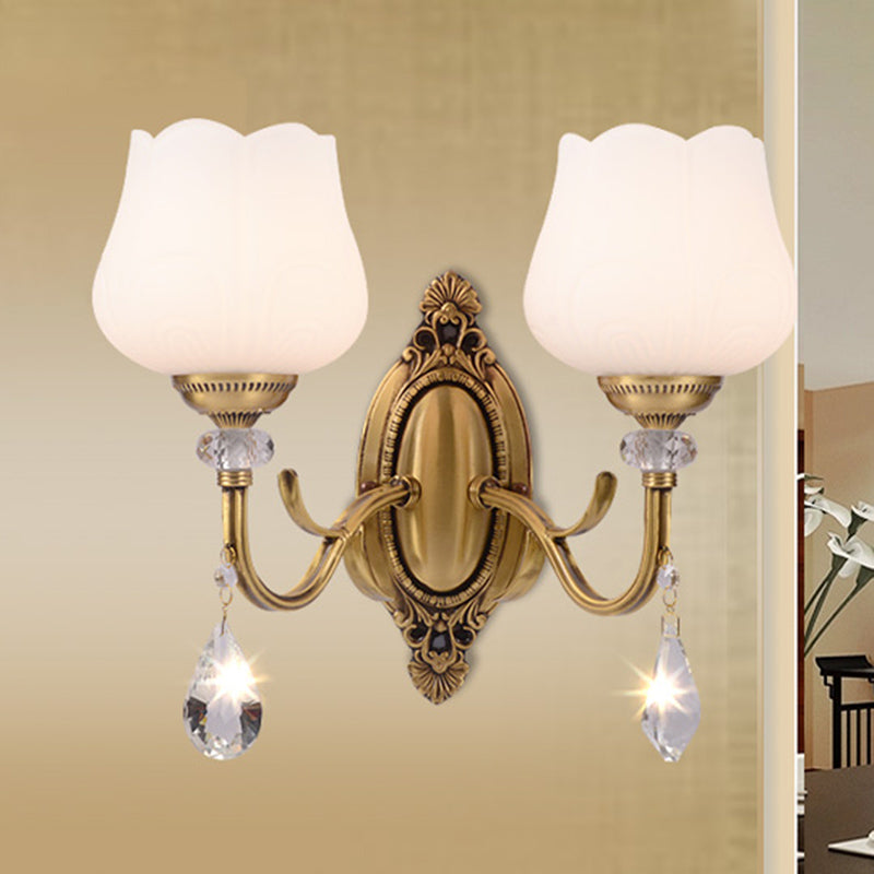 Crystal Prism Blossom Wall Mounted Lamp Traditionalism 1/2 Bulbs Bedroom Sconce Light Fixture in Gold 2.0 Gold Clearhalo 'Wall Lamps & Sconces' 'Wall Lights' Lighting' 317216