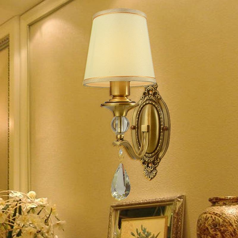 Traditionalism Conical Wall Mount Lamp 1/2 Heads Fabric Wall Sconce Lighting in Gold with Dangling Crystal Clearhalo 'Wall Lamps & Sconces' 'Wall Lights' Lighting' 317220