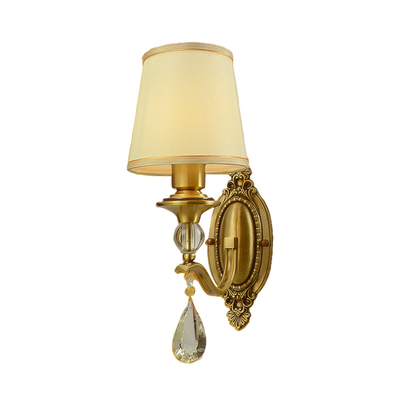 Traditionalism Conical Wall Mount Lamp 1/2 Heads Fabric Wall Sconce Lighting in Gold with Dangling Crystal Clearhalo 'Wall Lamps & Sconces' 'Wall Lights' Lighting' 317222
