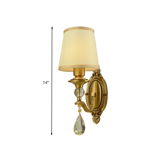 Traditionalism Conical Wall Mount Lamp 1/2 Heads Fabric Wall Sconce Lighting in Gold with Dangling Crystal Clearhalo 'Wall Lamps & Sconces' 'Wall Lights' Lighting' 317223