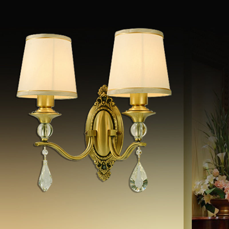Traditionalism Conical Wall Mount Lamp 1/2 Heads Fabric Wall Sconce Lighting in Gold with Dangling Crystal 2.0 Gold Clearhalo 'Wall Lamps & Sconces' 'Wall Lights' Lighting' 317224
