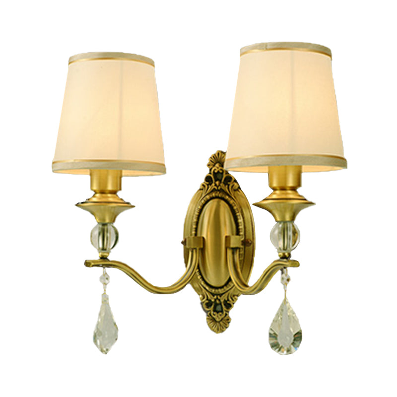 Traditionalism Conical Wall Mount Lamp 1/2 Heads Fabric Wall Sconce Lighting in Gold with Dangling Crystal Clearhalo 'Wall Lamps & Sconces' 'Wall Lights' Lighting' 317225