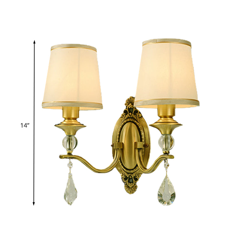 Traditionalism Conical Wall Mount Lamp 1/2 Heads Fabric Wall Sconce Lighting in Gold with Dangling Crystal Clearhalo 'Wall Lamps & Sconces' 'Wall Lights' Lighting' 317226