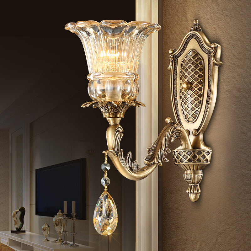 Curving Bedroom Metal Wall Sconce Traditional Beveled Glass Crystal 1 Head Gold Wall Lighting Fixture Clearhalo 'Wall Lamps & Sconces' 'Wall Lights' Lighting' 317255
