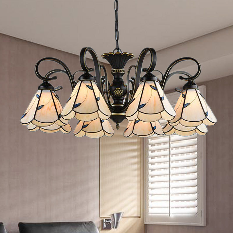 Mediterranean Conical Chandelier Lamp 5/6/8 Lights White/Blue Glass Hanging Ceiling Light for Living Room Clearhalo 'Ceiling Lights' 'Chandeliers' 'Industrial' 'Middle Century Chandeliers' 'Pendant Lights' 'Tiffany Chandeliers' 'Tiffany close to ceiling' 'Tiffany' Lighting' 317269