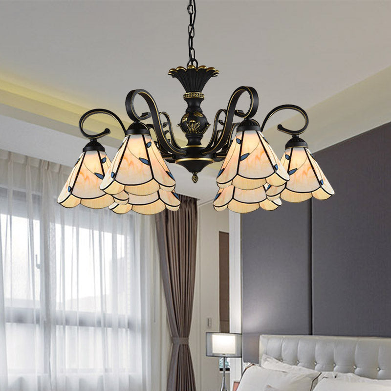 Mediterranean Conical Chandelier Lamp 5/6/8 Lights White/Blue Glass Hanging Ceiling Light for Living Room Clearhalo 'Ceiling Lights' 'Chandeliers' 'Industrial' 'Middle Century Chandeliers' 'Pendant Lights' 'Tiffany Chandeliers' 'Tiffany close to ceiling' 'Tiffany' Lighting' 317274