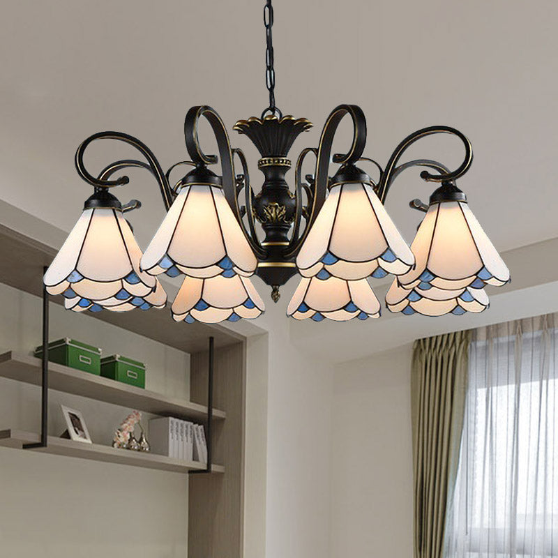 Mediterranean Conical Chandelier Lamp 5/6/8 Lights White/Blue Glass Hanging Ceiling Light for Living Room 8 White Clearhalo 'Ceiling Lights' 'Chandeliers' 'Industrial' 'Middle Century Chandeliers' 'Pendant Lights' 'Tiffany Chandeliers' 'Tiffany close to ceiling' 'Tiffany' Lighting' 317285
