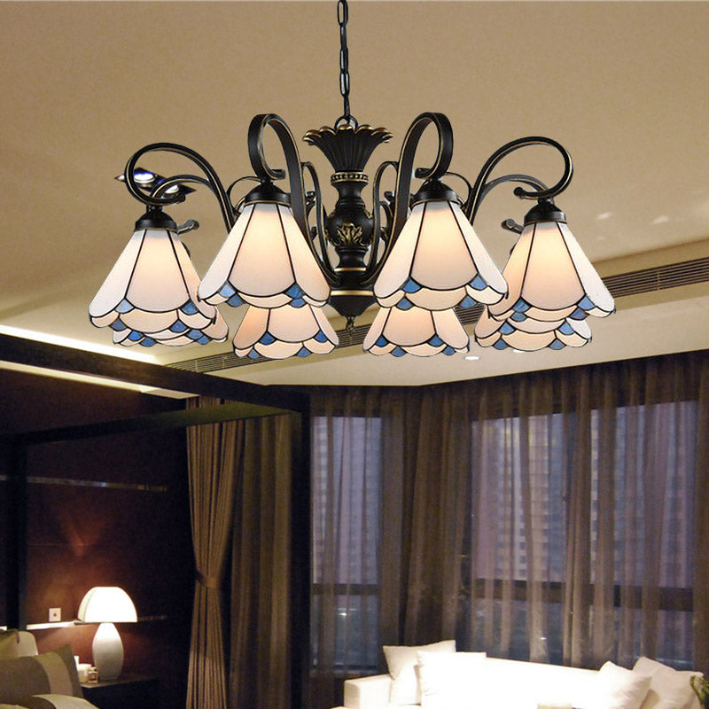 Mediterranean Conical Chandelier Lamp 5/6/8 Lights White/Blue Glass Hanging Ceiling Light for Living Room Clearhalo 'Ceiling Lights' 'Chandeliers' 'Industrial' 'Middle Century Chandeliers' 'Pendant Lights' 'Tiffany Chandeliers' 'Tiffany close to ceiling' 'Tiffany' Lighting' 317286
