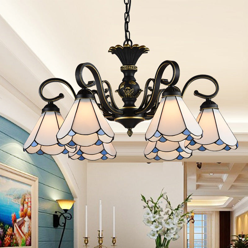 Mediterranean Conical Chandelier Lamp 5/6/8 Lights White/Blue Glass Hanging Ceiling Light for Living Room Clearhalo 'Ceiling Lights' 'Chandeliers' 'Industrial' 'Middle Century Chandeliers' 'Pendant Lights' 'Tiffany Chandeliers' 'Tiffany close to ceiling' 'Tiffany' Lighting' 317290