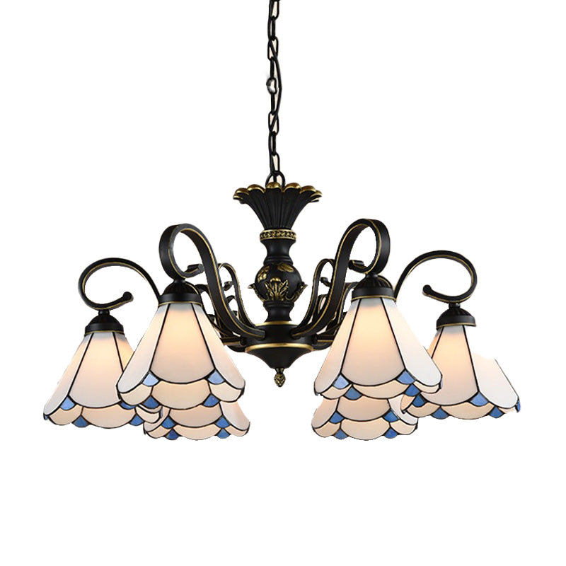 Mediterranean Conical Chandelier Lamp 5/6/8 Lights White/Blue Glass Hanging Ceiling Light for Living Room Clearhalo 'Ceiling Lights' 'Chandeliers' 'Industrial' 'Middle Century Chandeliers' 'Pendant Lights' 'Tiffany Chandeliers' 'Tiffany close to ceiling' 'Tiffany' Lighting' 317291