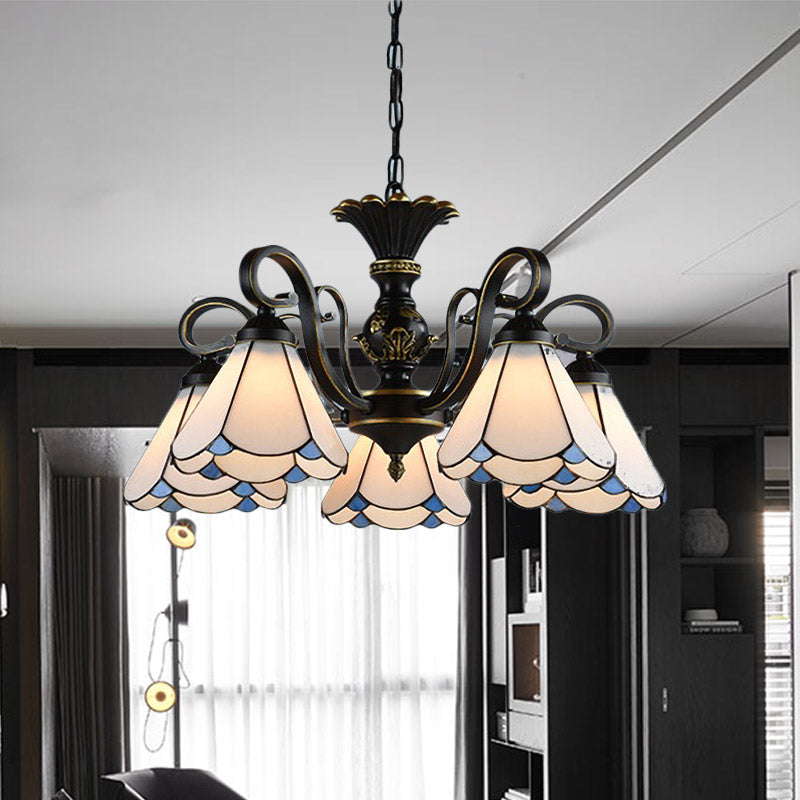 Mediterranean Conical Chandelier Lamp 5/6/8 Lights White/Blue Glass Hanging Ceiling Light for Living Room Clearhalo 'Ceiling Lights' 'Chandeliers' 'Industrial' 'Middle Century Chandeliers' 'Pendant Lights' 'Tiffany Chandeliers' 'Tiffany close to ceiling' 'Tiffany' Lighting' 317294