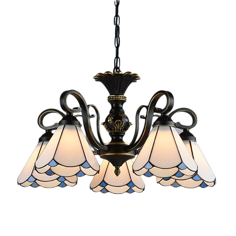 Mediterranean Conical Chandelier Lamp 5/6/8 Lights White/Blue Glass Hanging Ceiling Light for Living Room Clearhalo 'Ceiling Lights' 'Chandeliers' 'Industrial' 'Middle Century Chandeliers' 'Pendant Lights' 'Tiffany Chandeliers' 'Tiffany close to ceiling' 'Tiffany' Lighting' 317295