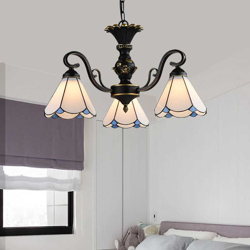 Mediterranean Conical Chandelier Lamp 5/6/8 Lights White/Blue Glass Hanging Ceiling Light for Living Room Clearhalo 'Ceiling Lights' 'Chandeliers' 'Industrial' 'Middle Century Chandeliers' 'Pendant Lights' 'Tiffany Chandeliers' 'Tiffany close to ceiling' 'Tiffany' Lighting' 317298
