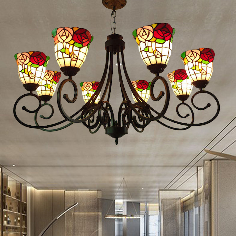 Cut Glass Arched Chandelier Lighting Fixture Victorian 8 Lights Red/Yellow/Dark Red Pendant Lamp for Living Room Clearhalo 'Ceiling Lights' 'Chandeliers' 'Industrial' 'Middle Century Chandeliers' 'Tiffany Chandeliers' 'Tiffany close to ceiling' 'Tiffany' Lighting' 317309