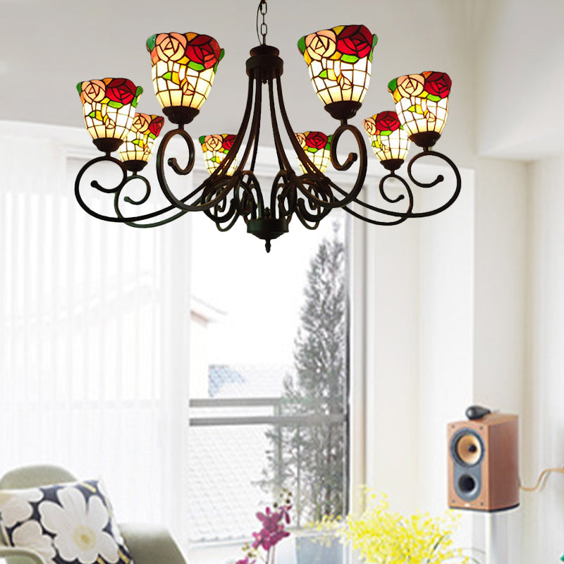 Cut Glass Arched Chandelier Lighting Fixture Victorian 8 Lights Red/Yellow/Dark Red Pendant Lamp for Living Room Clearhalo 'Ceiling Lights' 'Chandeliers' 'Industrial' 'Middle Century Chandeliers' 'Tiffany Chandeliers' 'Tiffany close to ceiling' 'Tiffany' Lighting' 317310