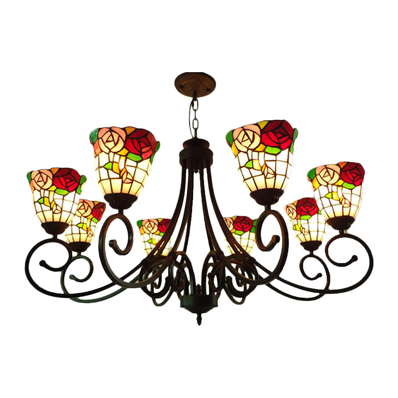 Cut Glass Arched Chandelier Lighting Fixture Victorian 8 Lights Red/Yellow/Dark Red Pendant Lamp for Living Room Clearhalo 'Ceiling Lights' 'Chandeliers' 'Industrial' 'Middle Century Chandeliers' 'Tiffany Chandeliers' 'Tiffany close to ceiling' 'Tiffany' Lighting' 317311