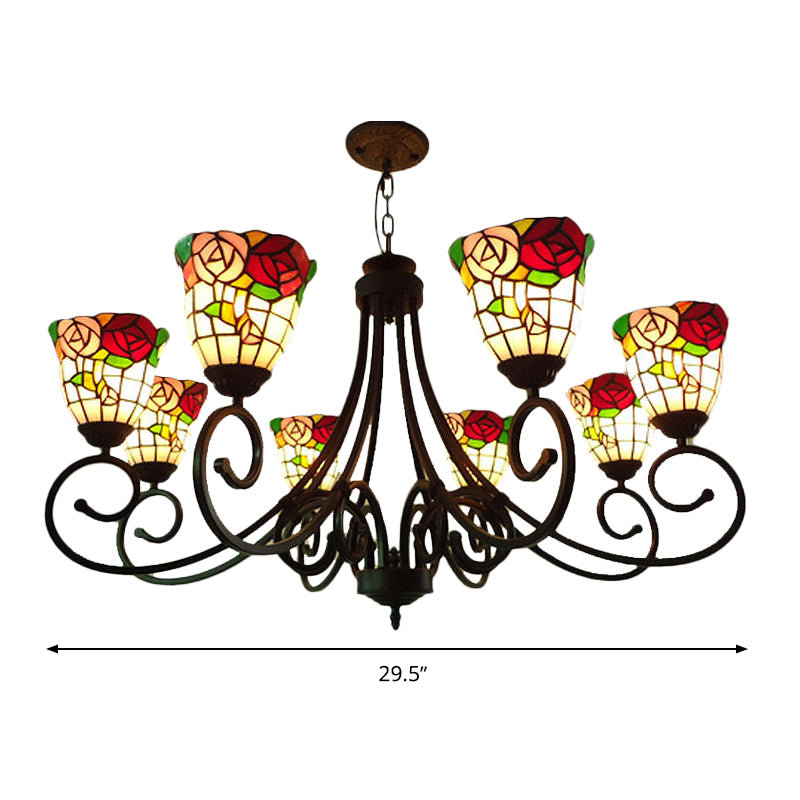 Cut Glass Arched Chandelier Lighting Fixture Victorian 8 Lights Red/Yellow/Dark Red Pendant Lamp for Living Room Clearhalo 'Ceiling Lights' 'Chandeliers' 'Industrial' 'Middle Century Chandeliers' 'Tiffany Chandeliers' 'Tiffany close to ceiling' 'Tiffany' Lighting' 317312