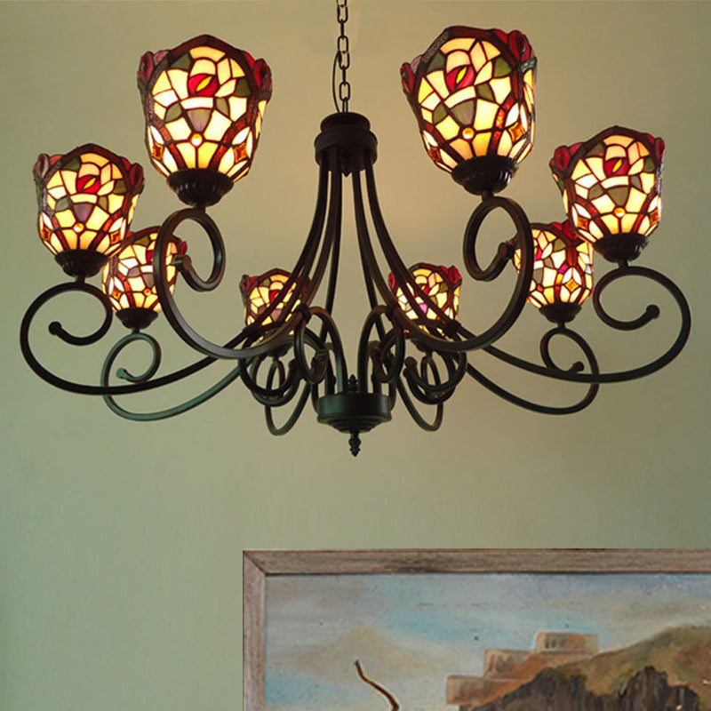 Cut Glass Arched Chandelier Lighting Fixture Victorian 8 Lights Red/Yellow/Dark Red Pendant Lamp for Living Room Dark Red Clearhalo 'Ceiling Lights' 'Chandeliers' 'Industrial' 'Middle Century Chandeliers' 'Tiffany Chandeliers' 'Tiffany close to ceiling' 'Tiffany' Lighting' 317313