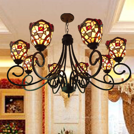 Cut Glass Arched Chandelier Lighting Fixture Victorian 8 Lights Red/Yellow/Dark Red Pendant Lamp for Living Room Clearhalo 'Ceiling Lights' 'Chandeliers' 'Industrial' 'Middle Century Chandeliers' 'Tiffany Chandeliers' 'Tiffany close to ceiling' 'Tiffany' Lighting' 317314