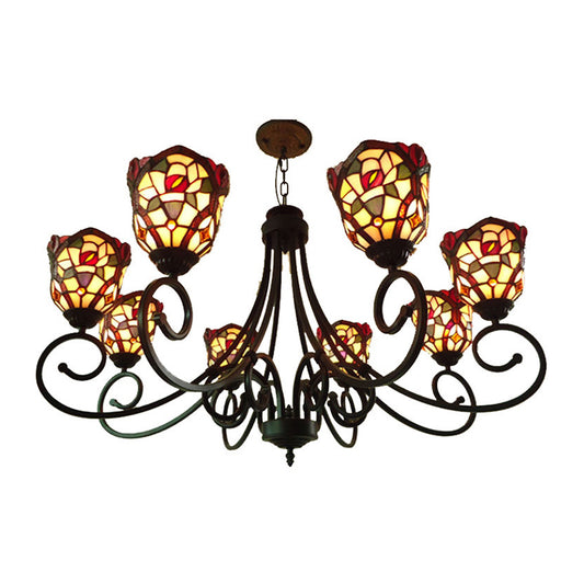 Cut Glass Arched Chandelier Lighting Fixture Victorian 8 Lights Red/Yellow/Dark Red Pendant Lamp for Living Room Clearhalo 'Ceiling Lights' 'Chandeliers' 'Industrial' 'Middle Century Chandeliers' 'Tiffany Chandeliers' 'Tiffany close to ceiling' 'Tiffany' Lighting' 317315