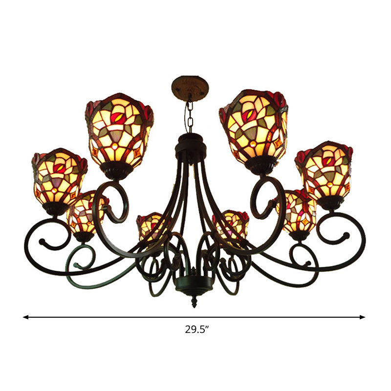 Cut Glass Arched Chandelier Lighting Fixture Victorian 8 Lights Red/Yellow/Dark Red Pendant Lamp for Living Room Clearhalo 'Ceiling Lights' 'Chandeliers' 'Industrial' 'Middle Century Chandeliers' 'Tiffany Chandeliers' 'Tiffany close to ceiling' 'Tiffany' Lighting' 317316