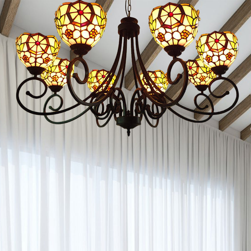 Cut Glass Arched Chandelier Lighting Fixture Victorian 8 Lights Red/Yellow/Dark Red Pendant Lamp for Living Room Yellow Clearhalo 'Ceiling Lights' 'Chandeliers' 'Industrial' 'Middle Century Chandeliers' 'Tiffany Chandeliers' 'Tiffany close to ceiling' 'Tiffany' Lighting' 317317