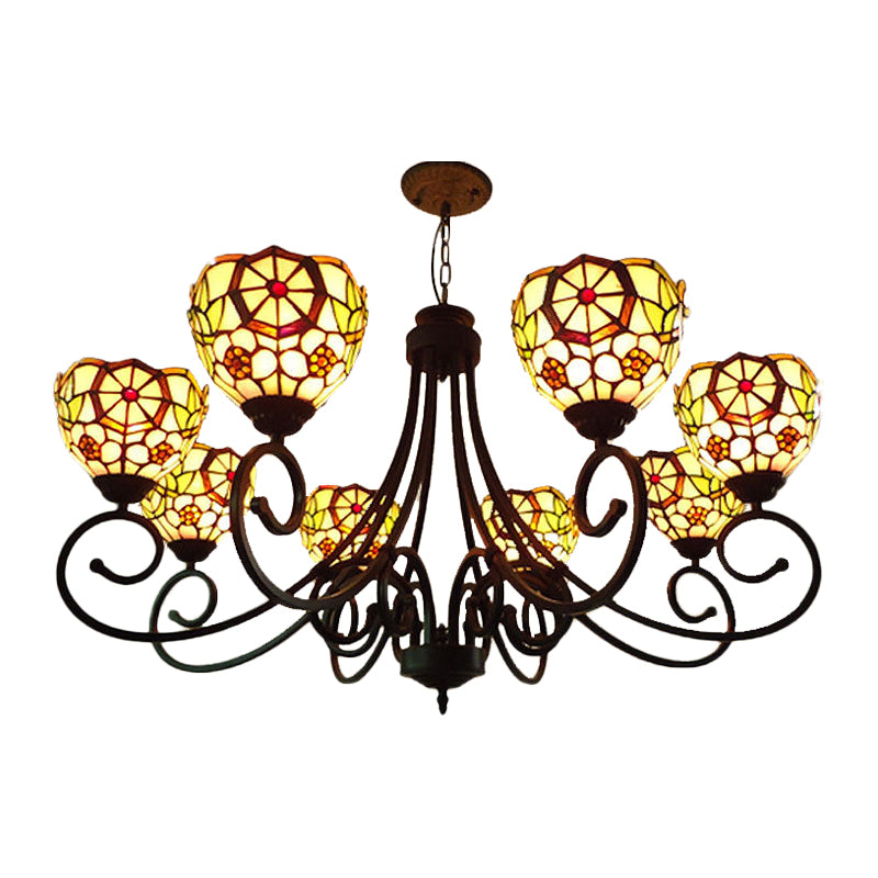 Cut Glass Arched Chandelier Lighting Fixture Victorian 8 Lights Red/Yellow/Dark Red Pendant Lamp for Living Room Clearhalo 'Ceiling Lights' 'Chandeliers' 'Industrial' 'Middle Century Chandeliers' 'Tiffany Chandeliers' 'Tiffany close to ceiling' 'Tiffany' Lighting' 317319