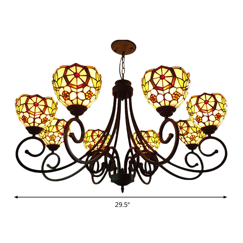 Cut Glass Arched Chandelier Lighting Fixture Victorian 8 Lights Red/Yellow/Dark Red Pendant Lamp for Living Room Clearhalo 'Ceiling Lights' 'Chandeliers' 'Industrial' 'Middle Century Chandeliers' 'Tiffany Chandeliers' 'Tiffany close to ceiling' 'Tiffany' Lighting' 317320