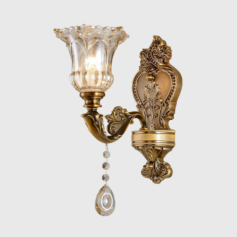 Vintage Floral Wall Mount Lamp 1/2 Heads Beveled Crystal Prism Wall Sconce Light in Brass Clearhalo 'Wall Lamps & Sconces' 'Wall Lights' Lighting' 317321