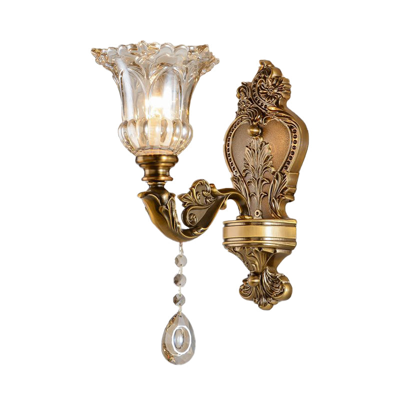 Vintage Floral Wall Mount Lamp 1/2 Heads Beveled Crystal Prism Wall Sconce Light in Brass Clearhalo 'Wall Lamps & Sconces' 'Wall Lights' Lighting' 317324