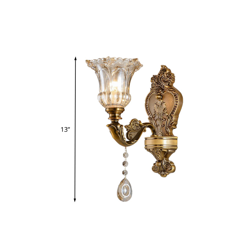 Vintage Floral Wall Mount Lamp 1/2 Heads Beveled Crystal Prism Wall Sconce Light in Brass Clearhalo 'Wall Lamps & Sconces' 'Wall Lights' Lighting' 317325