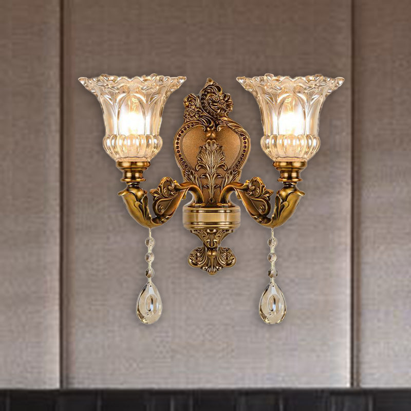 Vintage Floral Wall Mount Lamp 1/2 Heads Beveled Crystal Prism Wall Sconce Light in Brass 2.0 Brass Clearhalo 'Wall Lamps & Sconces' 'Wall Lights' Lighting' 317326