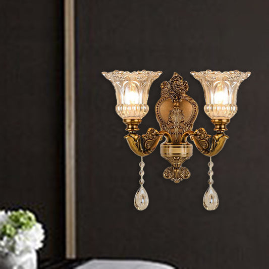 Vintage Floral Wall Mount Lamp 1/2 Heads Beveled Crystal Prism Wall Sconce Light in Brass Clearhalo 'Wall Lamps & Sconces' 'Wall Lights' Lighting' 317327