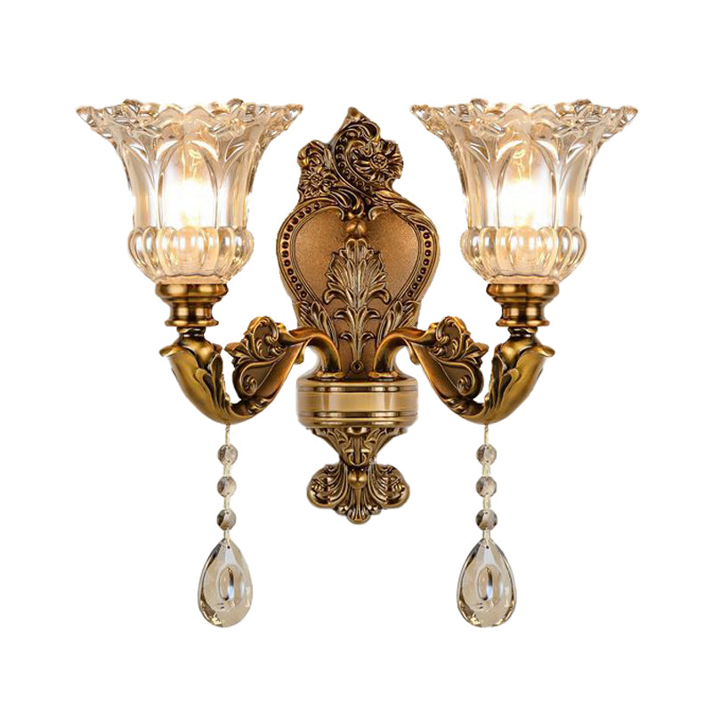 Vintage Floral Wall Mount Lamp 1/2 Heads Beveled Crystal Prism Wall Sconce Light in Brass Clearhalo 'Wall Lamps & Sconces' 'Wall Lights' Lighting' 317328