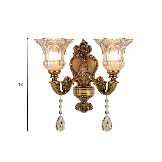 Vintage Floral Wall Mount Lamp 1/2 Heads Beveled Crystal Prism Wall Sconce Light in Brass Clearhalo 'Wall Lamps & Sconces' 'Wall Lights' Lighting' 317329