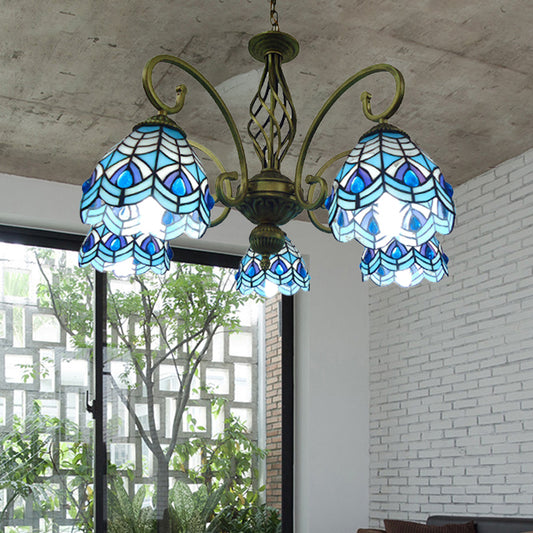 Scrolling Arm Chandelier Lamp Mediterranean Hand Cut Glass 5 Lights Red/Yellow/Blue Ceiling Pendant Light Blue Clearhalo 'Ceiling Lights' 'Chandeliers' 'Close To Ceiling Lights' 'Industrial' 'Middle Century Chandeliers' 'Tiffany Chandeliers' 'Tiffany close to ceiling' 'Tiffany' Lighting' 317350