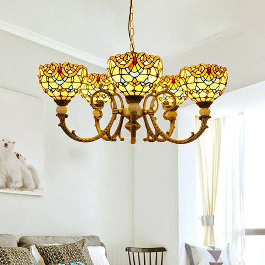 Mediterranean Dome Chandelier Lighting 5 Lights Stained Glass Drop Pendant in Orange/Blue for Living Room Orange Clearhalo 'Ceiling Lights' 'Chandeliers' 'Industrial' 'Middle Century Chandeliers' 'Tiffany Chandeliers' 'Tiffany close to ceiling' 'Tiffany' Lighting' 317368