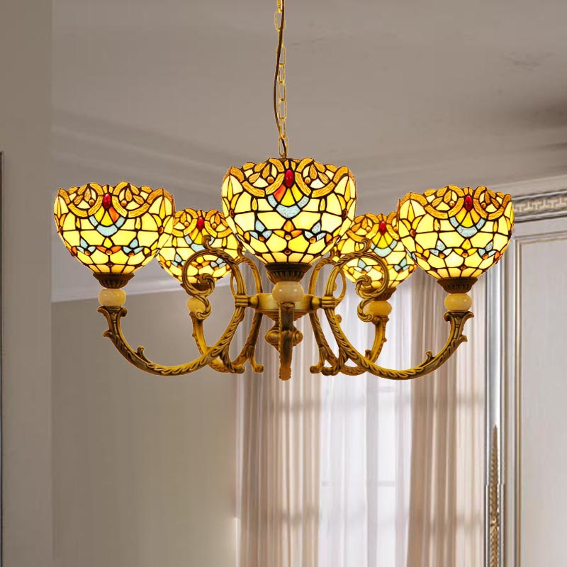 Mediterranean Dome Chandelier Lighting 5 Lights Stained Glass Drop Pendant in Orange/Blue for Living Room Clearhalo 'Ceiling Lights' 'Chandeliers' 'Industrial' 'Middle Century Chandeliers' 'Tiffany Chandeliers' 'Tiffany close to ceiling' 'Tiffany' Lighting' 317369