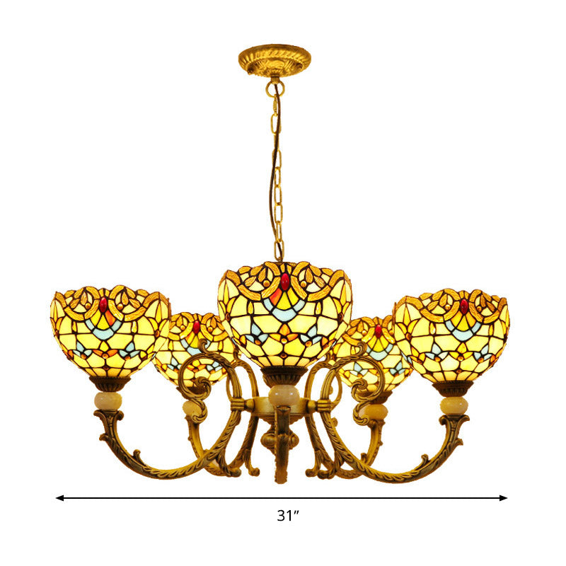 Mediterranean Dome Chandelier Lighting 5 Lights Stained Glass Drop Pendant in Orange/Blue for Living Room Clearhalo 'Ceiling Lights' 'Chandeliers' 'Industrial' 'Middle Century Chandeliers' 'Tiffany Chandeliers' 'Tiffany close to ceiling' 'Tiffany' Lighting' 317372