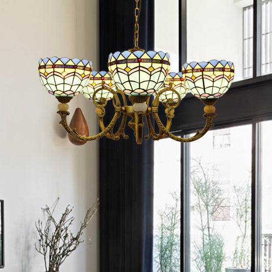 Mediterranean Dome Chandelier Lighting 5 Lights Stained Glass Drop Pendant in Orange/Blue for Living Room Blue Clearhalo 'Ceiling Lights' 'Chandeliers' 'Industrial' 'Middle Century Chandeliers' 'Tiffany Chandeliers' 'Tiffany close to ceiling' 'Tiffany' Lighting' 317373